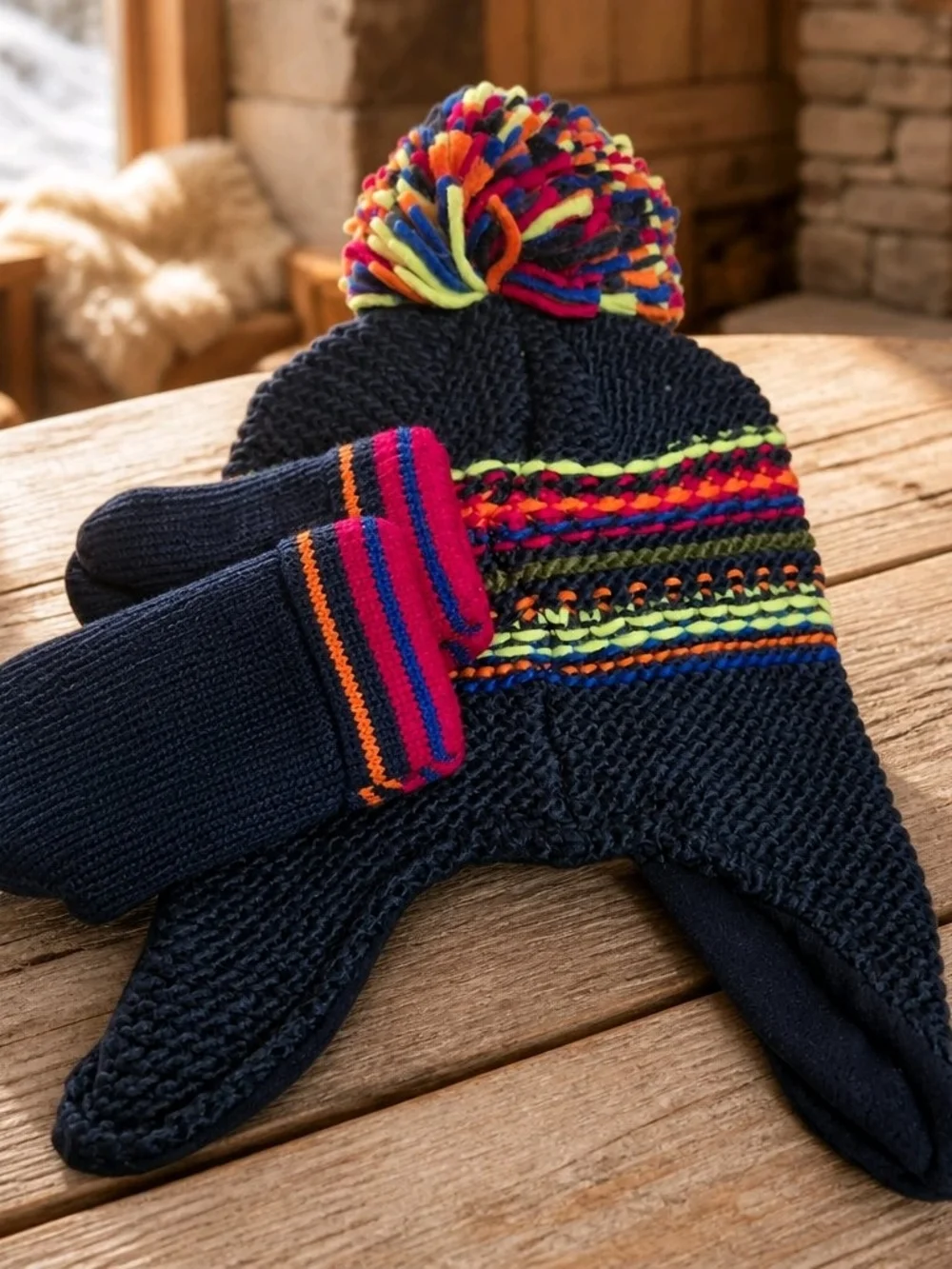 The Children's Place Navy Earflap Hat and Mitten Set with Neon Pom